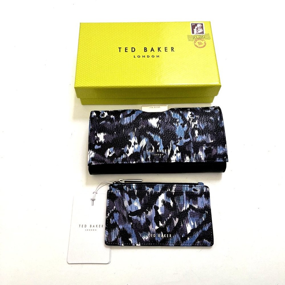 NWT Ted Baker London Boxed 2pc Wallet & Card Case Set Leather Blue Print Gift - Picture 3 of 13